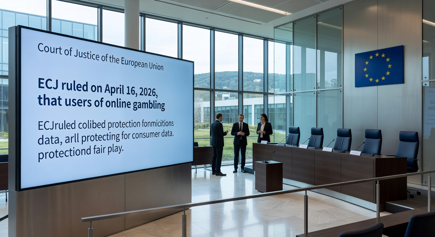 Symbolbild eines Spielers am Laptop mit Online-Casino-Seite, daneben ein Gerichtshammer und EU-Flagge, illustrierend die Kollision von Glücksspiel und Recht