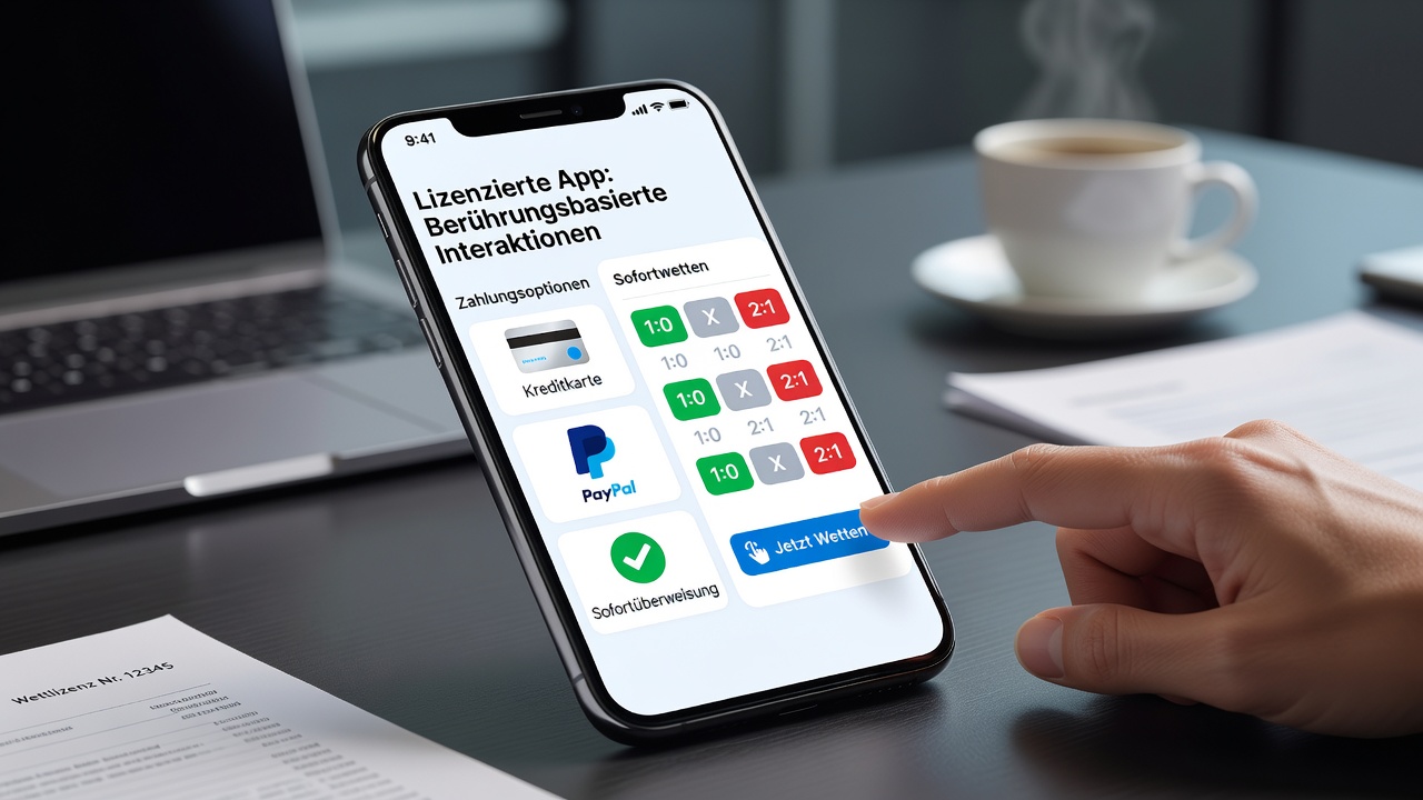 Touchscreen-Oberfläche einer lizenzierten deutschen Wett-App mit integrierten Zahlungs- und Wettoptionen